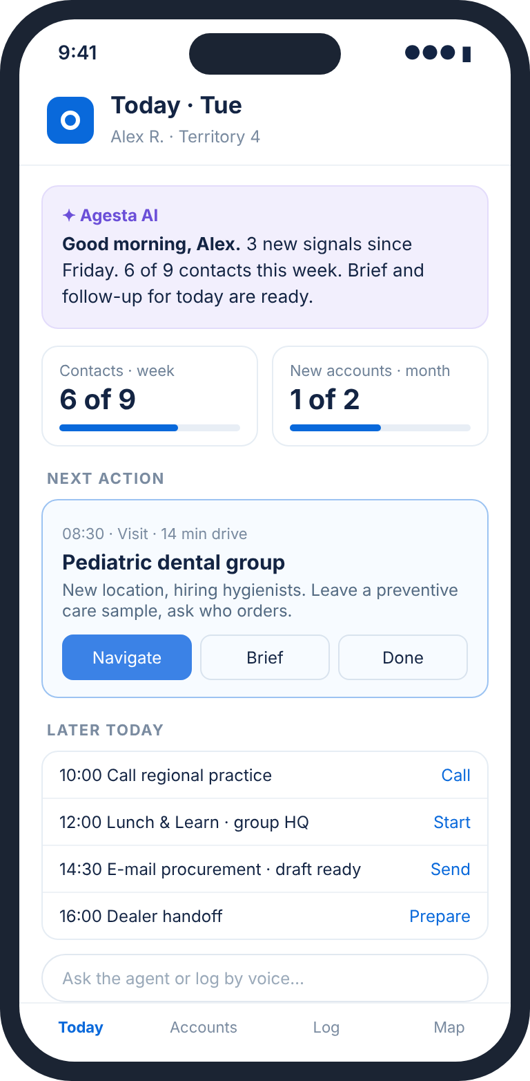Agesta AI mobile field sales interface: daily priorities, account actions and dealer handoff (synthetic data)